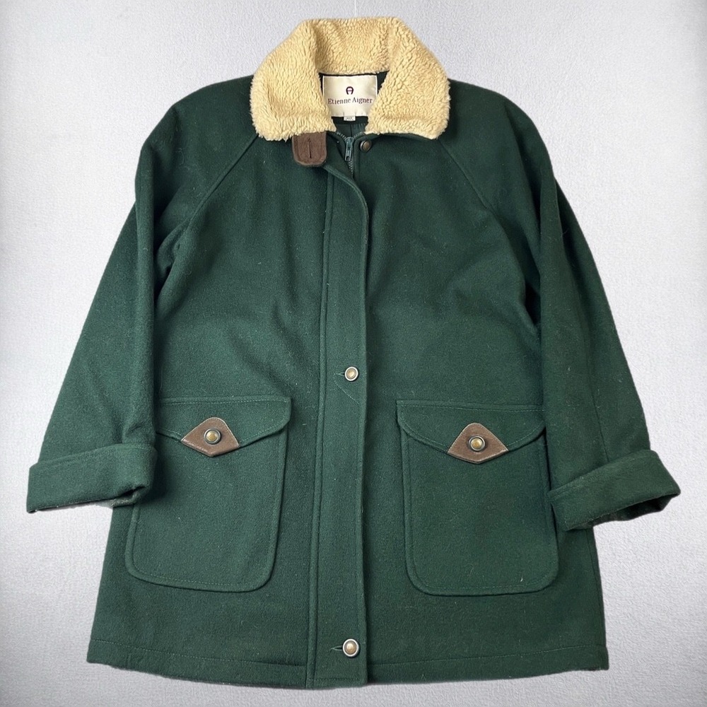 Etienne Aigner Coat Womens Size 8 Green Wool Blend Sherpa Collar Vintage USA